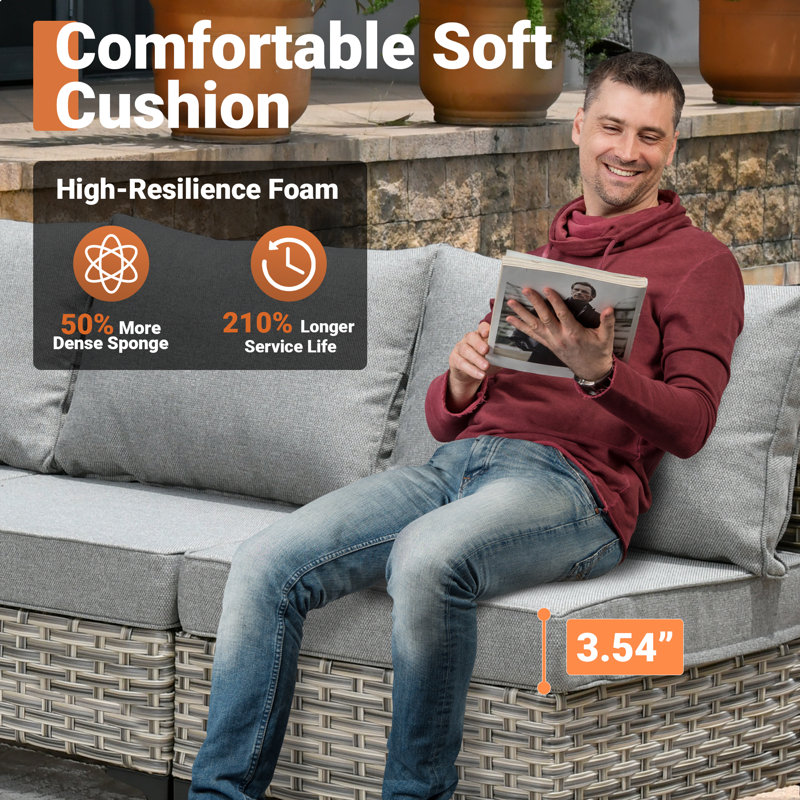 Emroy 6 - Person Outdoor Wicker Sectional Seating Group with Lighted Coffee Table and Swivel Chairs, All Weather Modular Rattan Conversation Set with Cushions