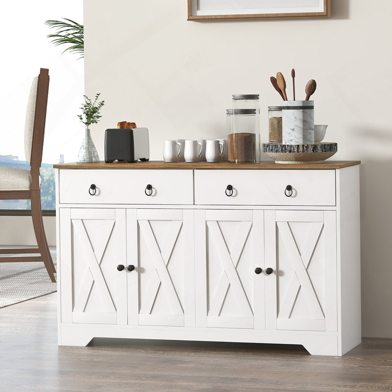 Sideboard, Buffet Cabinet with 2 Drawers, 2Storage Cabinets, 4 Barn-Style Doors