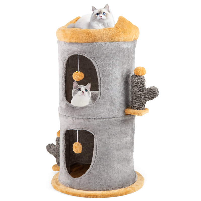 2-Story Cat House Cute Small Cat Tree Tower w/ 2 Cozy Condos-Grey