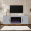 Meuble télé modulaire avec foyer électrique, rangement et chauffage d'appoint pour grands téléviseurs.