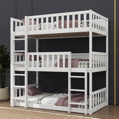 Lit superposé simple en bois d'hévéa triple avec échelles et garde-corps de protection