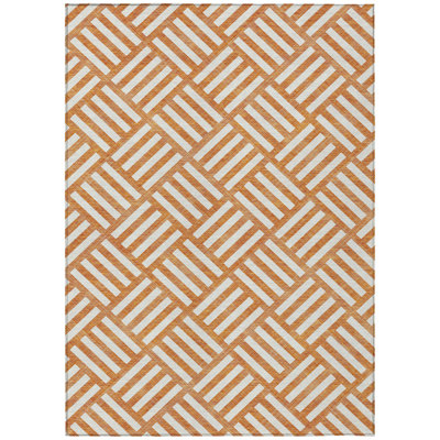 9' X 12' Orange And Ivory Geometric Washable Indoor Outdoor Area Rug