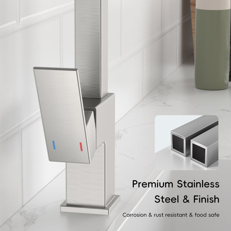 Robinet de cuisine carré avec douchette extractible, Nickel brossé