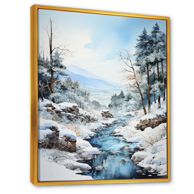 Minimalisme, paysage d'hiver au bord du lac III, sur toile, Cadre flottant doré, H 32 po x l 16 po