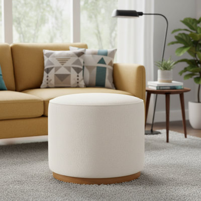 22.5 in Light Cream Round Upholstered Ottoman Footstool with Solid Wood Base, for Living Room Bedroom