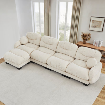 Pleated Design Cozy Chenille Fabric 4 Seater Modular Sofa With High-Density Ergonomic Foam Seat, L Shape Sectional Couch With Ottoman, Curved Round Armrests And 2 Round Throw Pillows,Beige