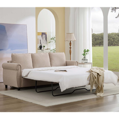 2-in-1 Queen Convertible Sleeper Sofa Bed with Memory Foam Mattress and Rivet Handrail, Space-Saving and Comfortable