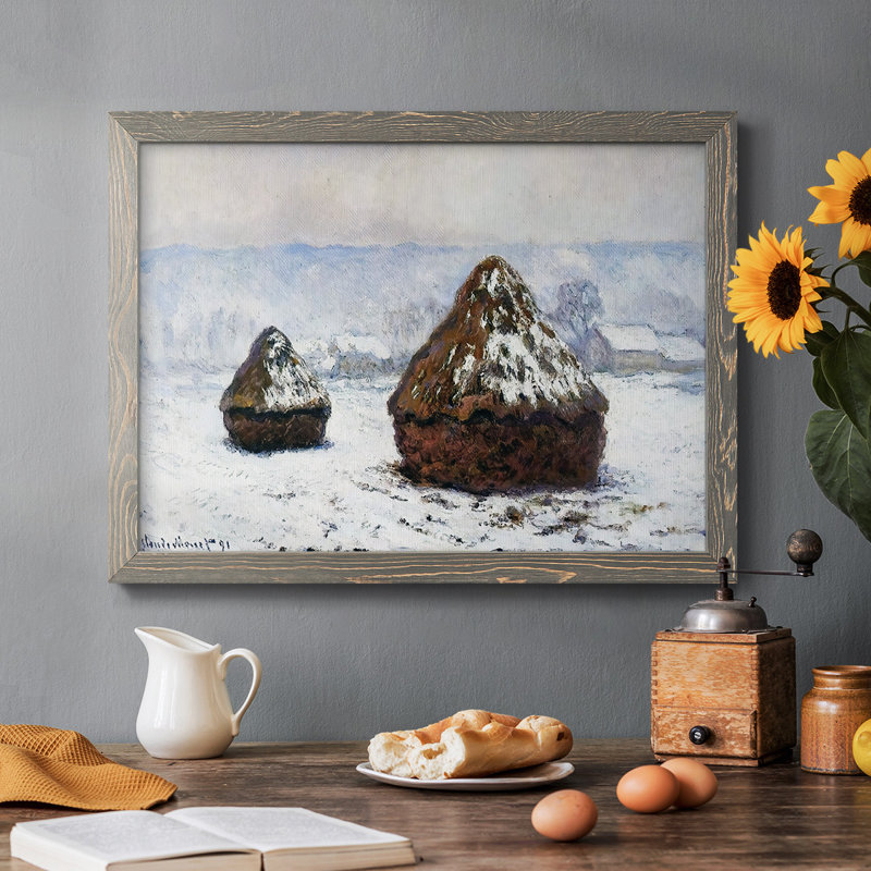 " Grainstacks, Snow Effect, 1890 ", Gray Framed, 22" H x 32" W x 1.5" D