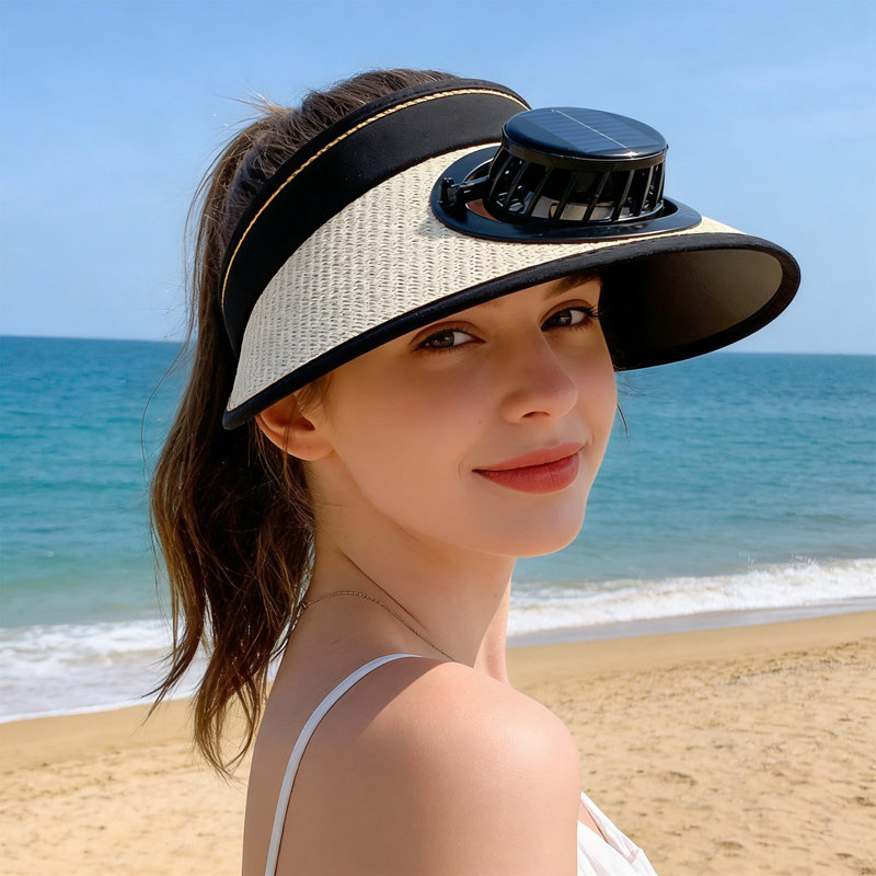 Chapeau de ventilateur en paille d'été avec une double alimentation solaire USB et une protection USB Kondieu, Beige