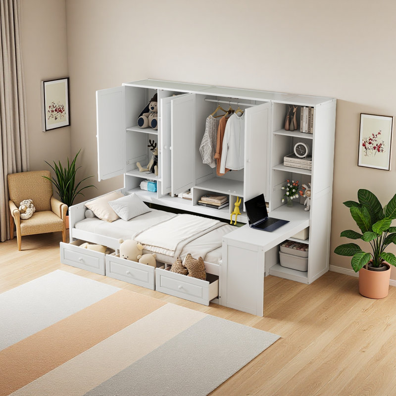 Wooden Daybed With Three Drawers, And All-In-One Cabinet, Desk And Shelves, Twin, White