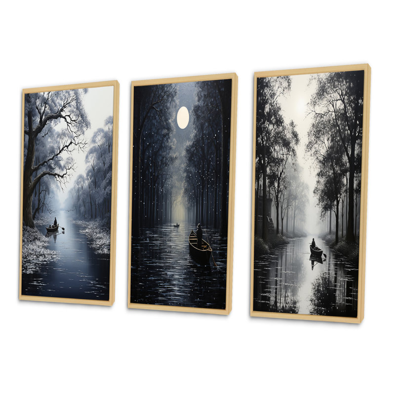 «Canal Quiet Passage Charcoal», 3 pièces, Encadré naturel, H 40 po x l 60 po