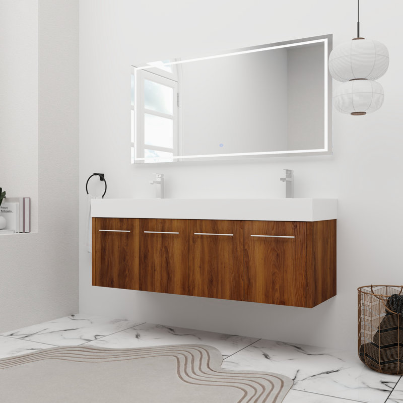 Meuble-lavabo double 60 po avec plateau en résine, Chrome chrome, Brun ébène