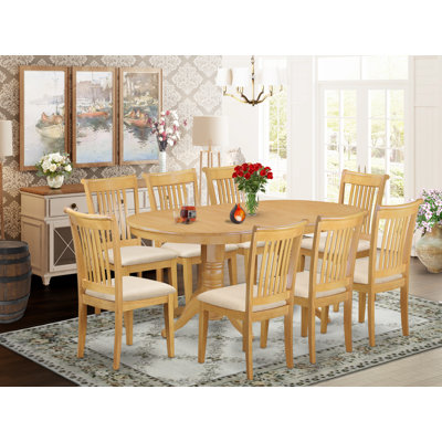 9 Piece Dining Table Set Includes an Oval Wooden Table with Butterfly Leaf and 8 Linen Fabric Dining Room Chairs, Oak