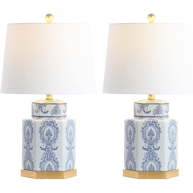 Bodin Blue and White Ceramic Table Lamp Set with Gold Leaf Finish