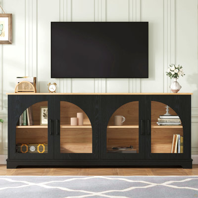 Meuble télé avec portes en verre semi-arquées pour téléviseur de 70 po ou moins, console multimédia à deux tons avec tablettes réglables