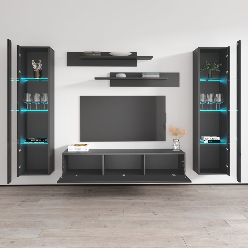 Villasenor 100" Modern Floating Wall Mounted Entertainment Center with 16-Color LED Lighting, High Gloss Finish, Gray