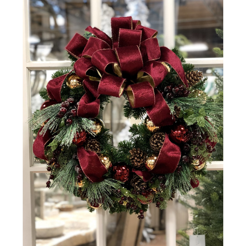 Holiday Wreath with Burgundy and Gold Wreath with Berries, Ornaments and Pinecones