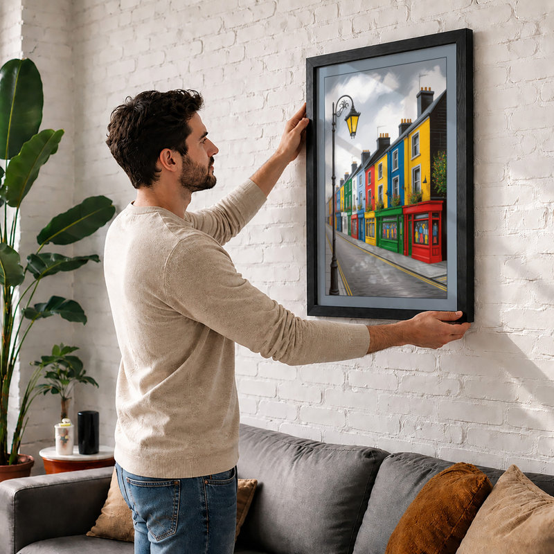 Colorful Townhouse Row Coastal - Print, A2 - 59.4 x 42.0 cm, Oak