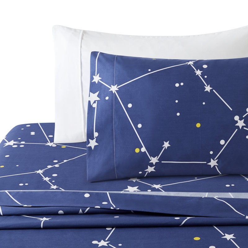Marina Decoration Home Bedding Ensemble Cooling Bedsheet Soft Deep Pocket 4 Piece Rayon from Bamboo Printed Fitted Sheet Duvet Cover Set with Corner Tie, Navy Blue Asterism Pattern Double/Full Size