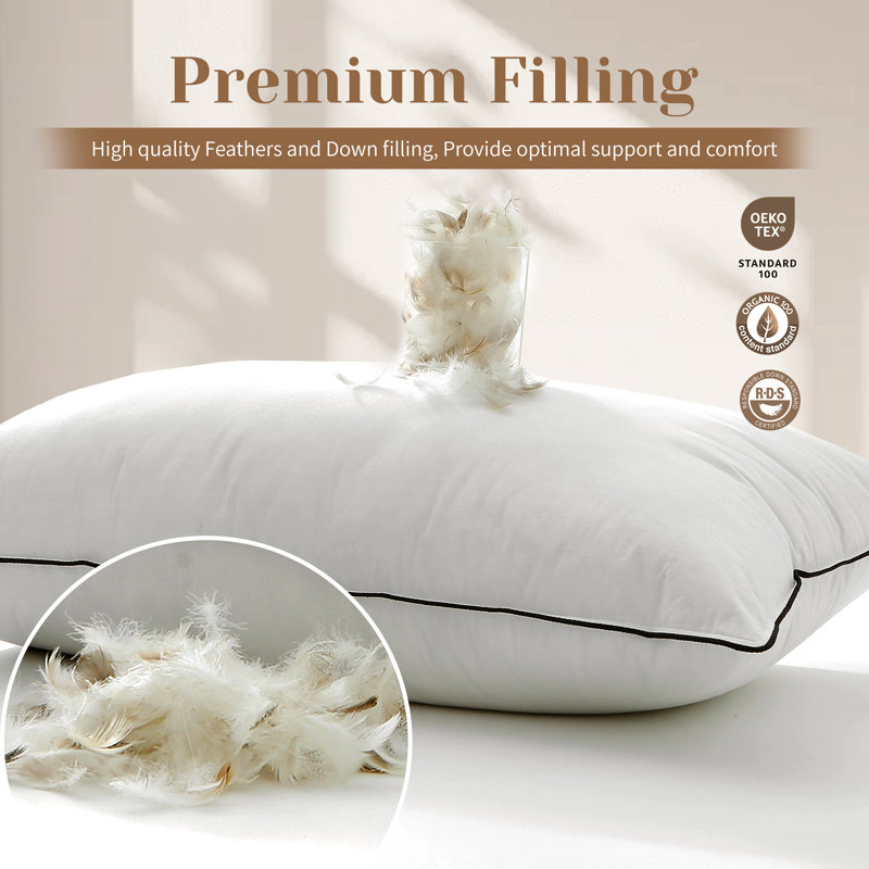 100% Organic Cotton Cover Soft Support Feather Down Pillows Set of 2, Queen