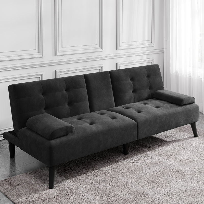 Aldiana 64.2" Convertible Futon Upholstered Sofa Bed, Black Velvet