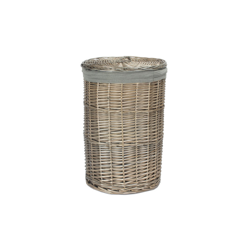 Wicker Round Laundry Basket with Grey Sage Lining, Antique/Grey, 50cm H x 33cm W x 33cm D