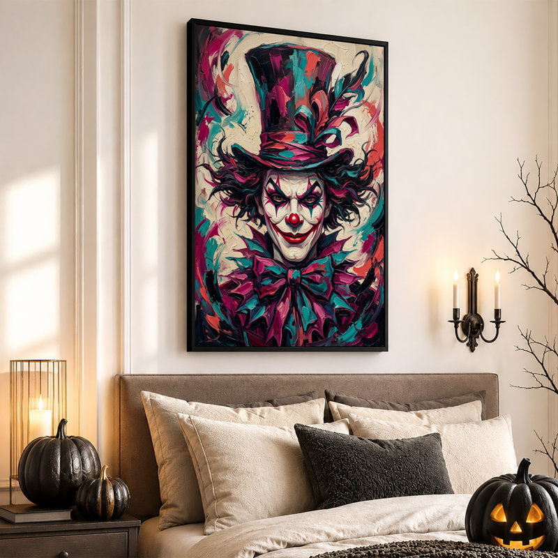Art mural sur toile clown avec chapeau haut de forme et nœud papillon en bleu sarcelle et rose, H 24 po x l 16 po