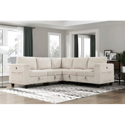 5-Piece Modular Sectional With Storage, Side Pockets, And Charging Ports For Modern Living Room