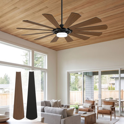 62 inch Modern Farmhouse Ceiling Fan with Light and Remote, 12 Dual Finish Plywood Blades, Dual Layer Lampshade, High Airflow Indoor Living Room Fan, Quiet Reversible DC Motor, Brown&Black