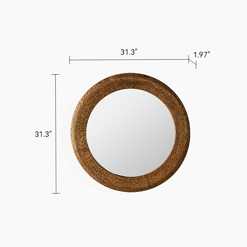 31.3 Inch Hammered Gold Round Wall Mirror With Iron Frame And MDF Back, Rustic Accent For Living Room Or Bedroom