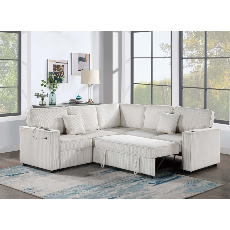 3-Piece Convertible Sectional, Beige Corduroy