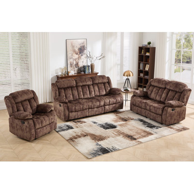 3 - Piece Modern Microfiber Upholstered Manual Reclining Living Room Sets