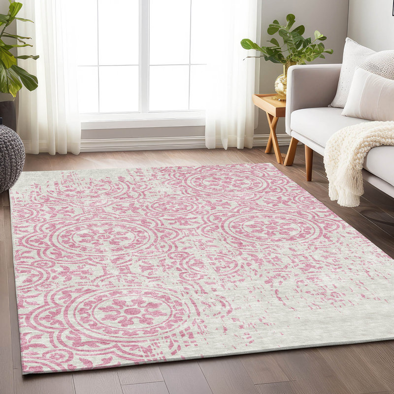 Tapis rose Prisco lavable à la machine de qualité supérieure, Rectangulaire 8 pi x 10 pi