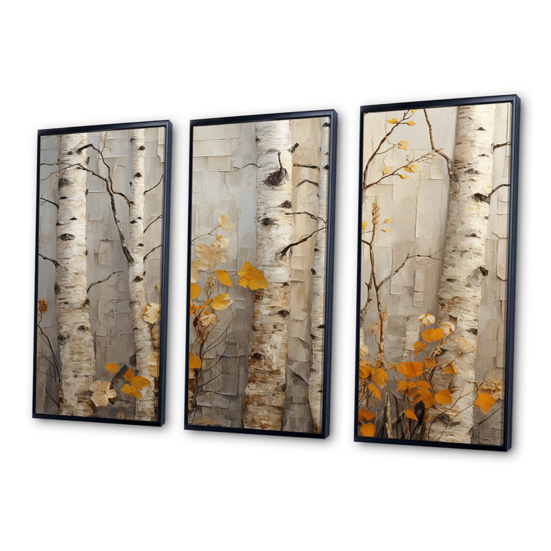 «Autumn Birch Tree Elegance» - art mural arbre, Cadre flottant noir, H 32 po x l 48 po