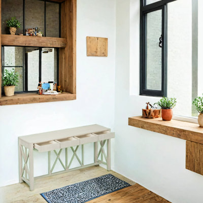 Commode avec 4 tiroirs spacieux, table d'entrée de conception moderne entrecroisée, armoires de rangement à fond ouvert, convient au salon, à la cuisine, à la salle à manger, au couloir