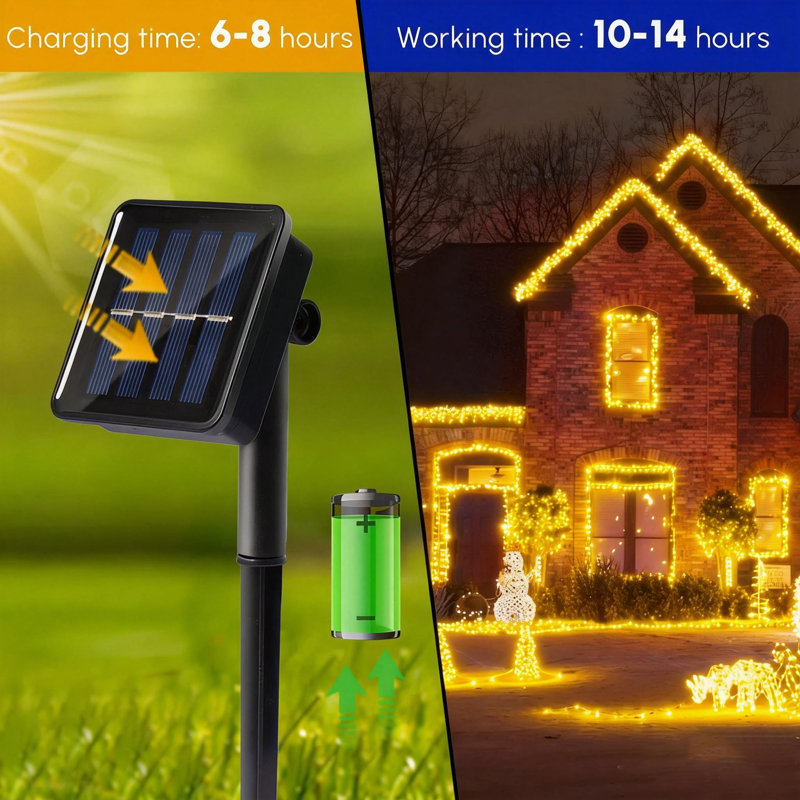 Guirlande solaire 100 lumières DEL pour fêtes, imperméables et extérieures, avec 8 modes (ensemble de 2), Jaune