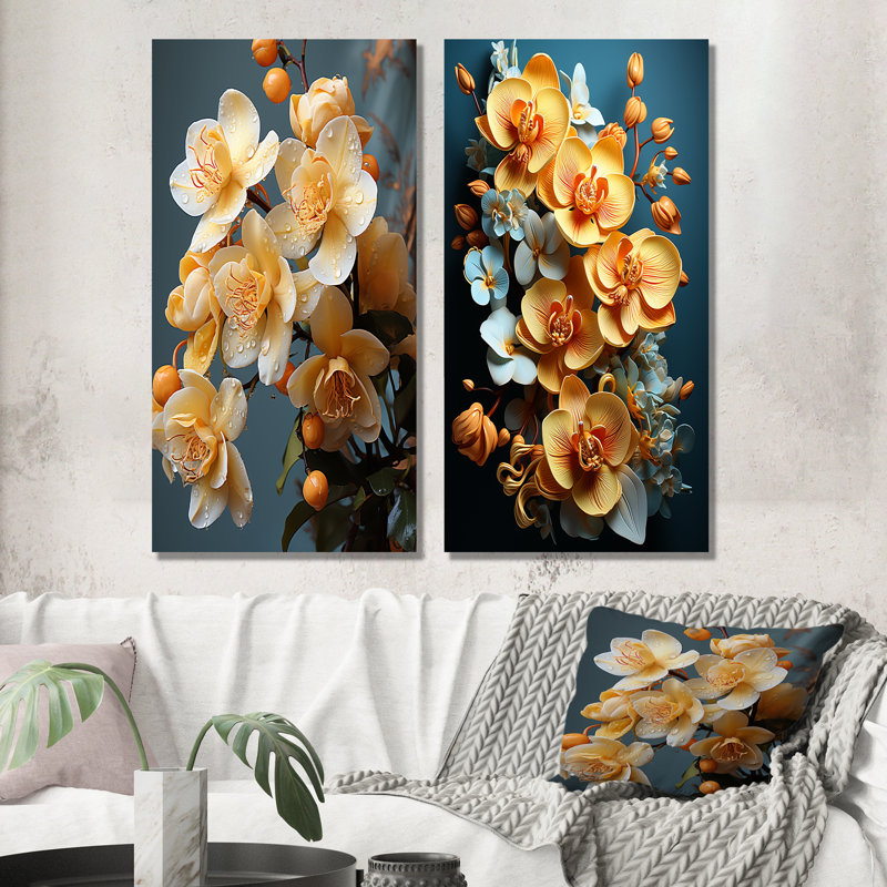 Golden Opulence - ensemble d'orchidées murales, ensemble de 2, Toile tendue, H 40 po x l 41 po