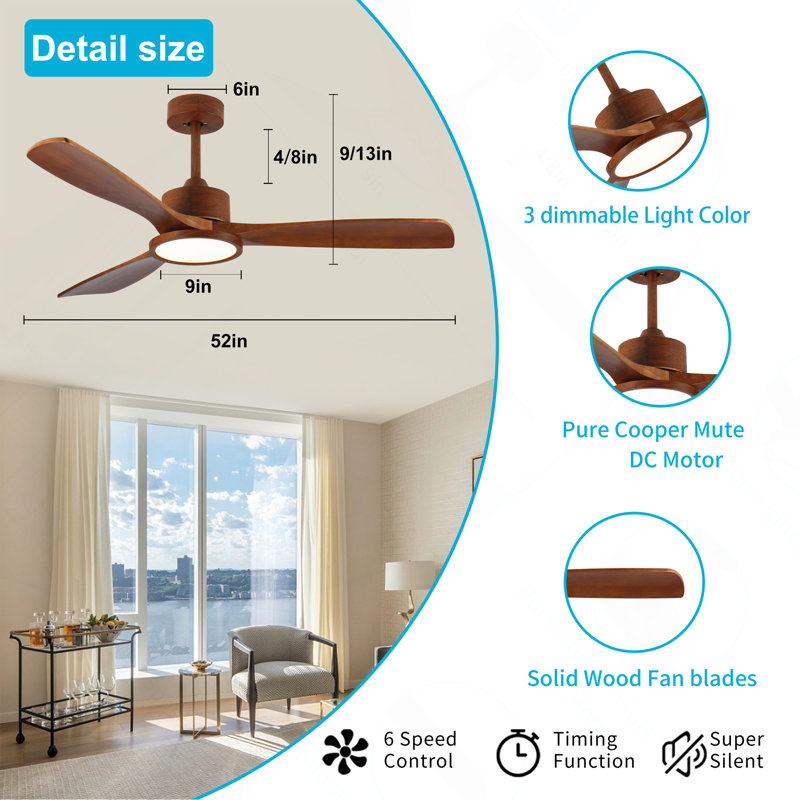 Ventilateurs de plafond en bois 52 pouces avec lumières et télécommande