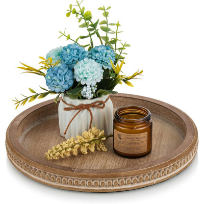 Plateau rond en bois, plaque de porte-bougie rustique et centre de table basse