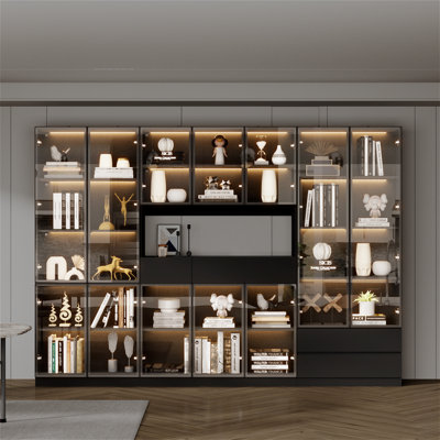 Garde-manger moderne noir avec portes en verre trempé avec cadre en aluminium, tablettes réglables, éclairage DEL 3 couleurs et conception à ouverture douce (3 unités modulaires)