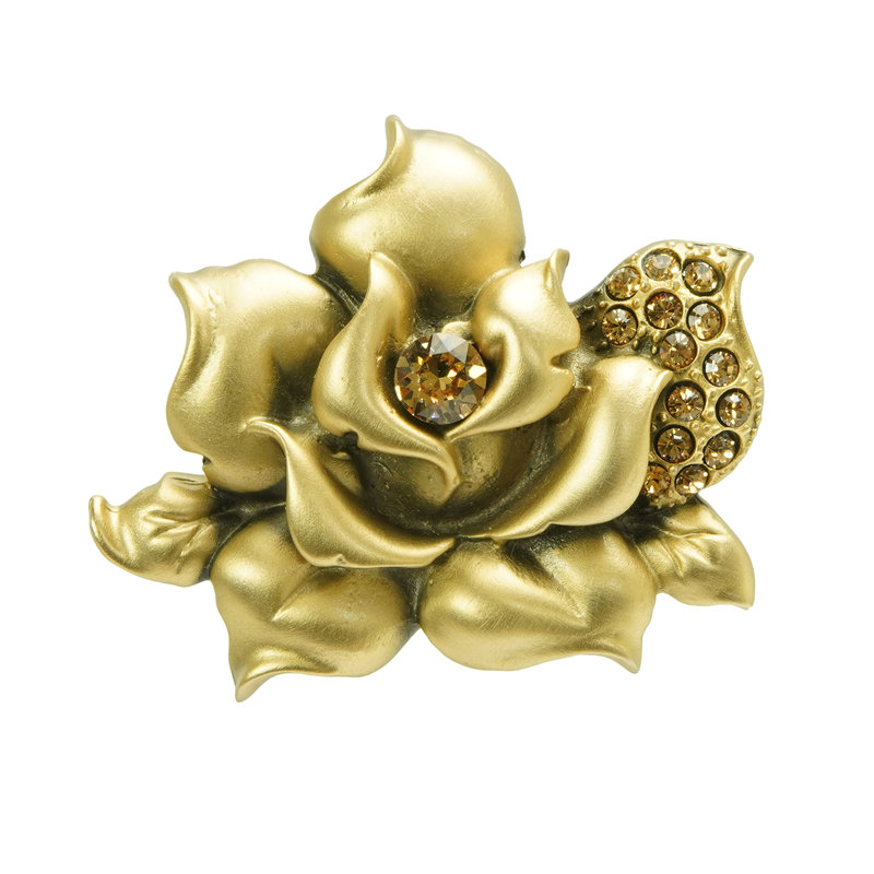 Dans le jardin, grand bouton de rose orné de cristaux Swarovski à finition florentine dorée, Or florentin