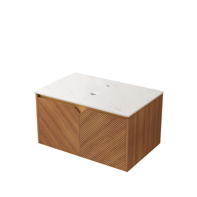 Ruben 30" Wall-mounted Brown Oak Plywood Cabinet And Carrara White Sintered Stone Countertop, No Basin, No Faucet And Sink Cover