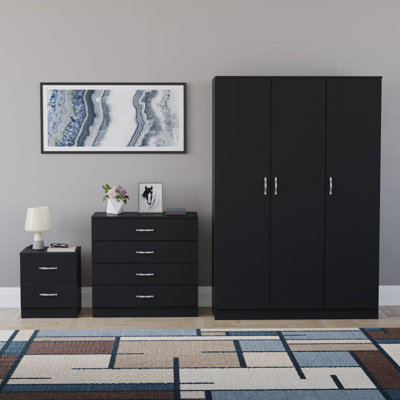 Maybery 3 Piece Bedroom Set (2 Drawer Bedside Chest, 4 Drawer Chest, 3 Door Wardrobe), (5)