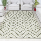 Tapis tissé à plat à la main à motif géométrique ivoire et vert Boho par Tufty Home