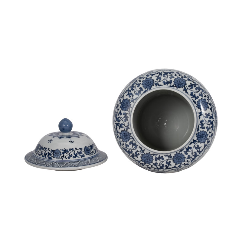 Pot décoratif chinois en céramique en grès avec couvercle 15 po Chinoiserie