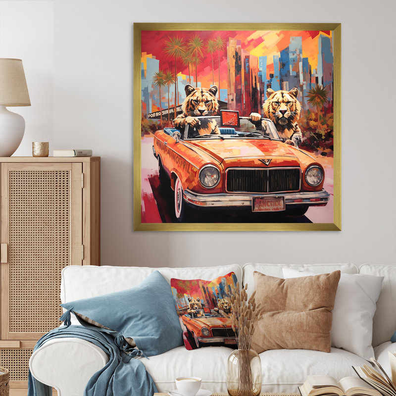 Lions chevauchant un convertible - Art mural lion, H 30 po x l 30 po x P 1,5 po, Encadrement doré