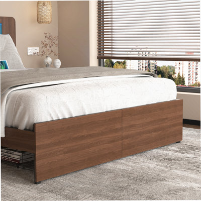Wooden Bed Frame Queen Size With Bookcase, Storage Drawers, LED Light Headboard, Noise-Free, And Easy Assembly For Farmhouse Style