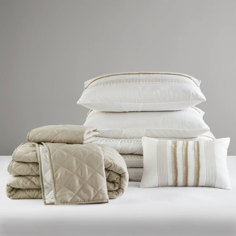 Carolina Taupe Stripe 7-Piece Full/Queen Comforter and Quilt Set, Taupe, Queen Comforter + 7 Additional Pieces
