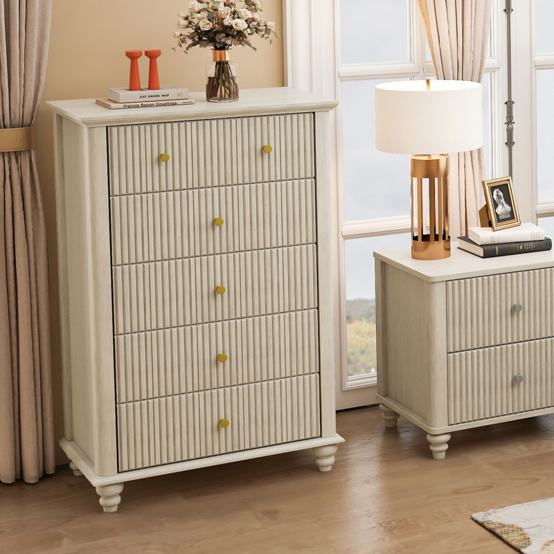 Commode 5 tiroirs cannelée, Beige