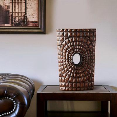 Dark Brown Carved Sunburst Resin Vase, Geometric Textured Rectangular Table Vase